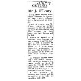 Obituary: Mr J O'Leary