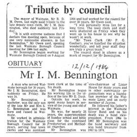 Obituary: Mr I M Bennington, Tribute by council