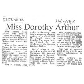 Obituary: Miss Dorothy Arthur