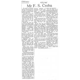 Obituary: Mr F S Creba