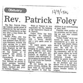 Obituary: Rev Patrick Foley