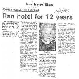 Obituary: Mrs Irene Elms, Former hotelier dies aged 81, Ran hotel for 12 years