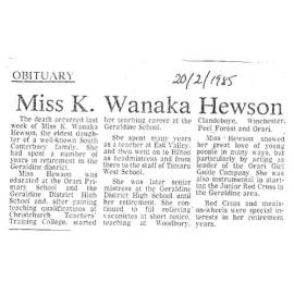 Obituary: Miss K Wanaka Hewson