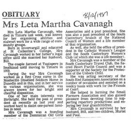 Obituary: Mrs Leta Martha Cavanagh