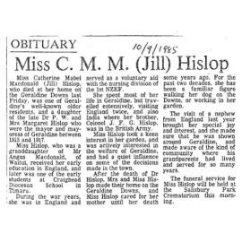 Obituary: Miss C M M (Jill) Hislop