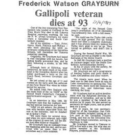 Obituary: Frederick Watson Grayburn, Gallipoli veteran dies at 93