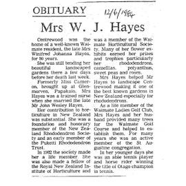 Obituary: Mrs W J Hayes
