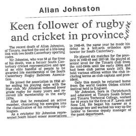 Obituary: Allan Johnston, Keen follower of rugby and cricket in province