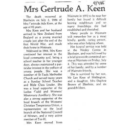 Obituary: Mrs Gertrude A Keen