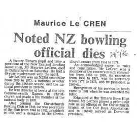 Obituary: Maurice Le Cren, Noted NZ bowling official dies