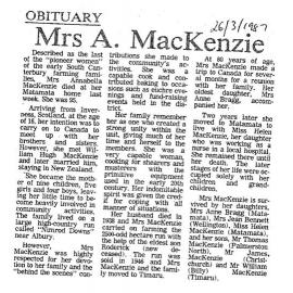 Obituary: Mrs A MacKenzie