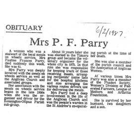 Obituary: Mrs P F Parry