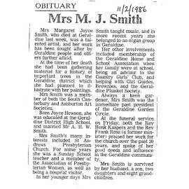 Obituary: Mrs M J Smith