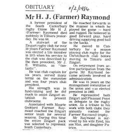 Obituary: Mr H J (Farmer) Raymond