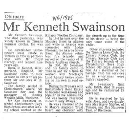 Obituary: Mr Kenneth Swainson