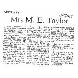 Obituary: Mrs M E Taylor