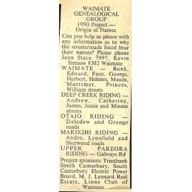 Waimate Genealogical Group 1990 Project - Origin of Names