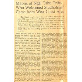 Maoris of Ngai Tahu Tribe Who Welcomed Studholme Came From West Coast Area
