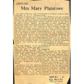 Obituary: Mrs Mary Plaistowe