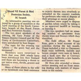 Royal NZ Forest and Bird Protection Society, SC Branch