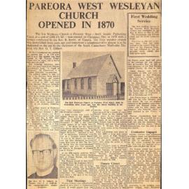 Pareora West Wesleyan Church opened in 1870 / First Wedding Service