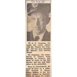 Mr A E Chapman awarded Queen's Fire Service Medal