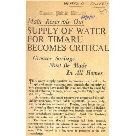 Main Reservoir Out, Supply of Water For Timaru Becomes Critical, Greater Savings Must Be Made In All Homes