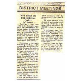 District Meetings: RNZ Forest and Bird Protection Society SC Branch