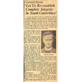 Centennial Message: 'Let Us Re-establish Complete Integrity In South Canterbury'