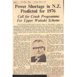 Power Shortage in NZ Predicted for 1976, Call for Crash Programme For Upper Waitaki Scheme