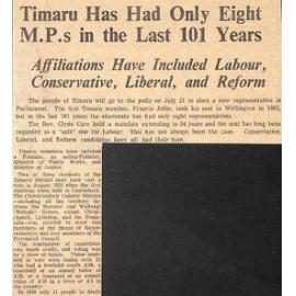 Timaru Has Had Only Eight MPs in the Last 101 Years: Affiliations Have Included Labour, Conservative, Liberal, and Reform