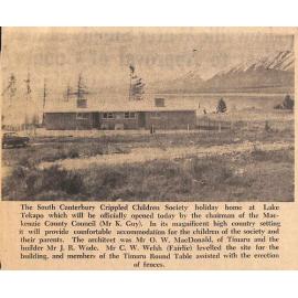 Crippled Children's Holiday Home officially Opened at Lake Tekapo