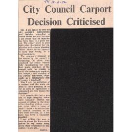 Letter to the editor: City Council Carport Decision Criticised