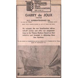 Garry de Joux Ltd advertisement congratulating the Timaru Harbour Board for the new ScanCarrier service