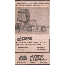 Andrews & Beavan Ltd advertisement congratulating the Timaru Harbour Board for the new ScanCarrier service