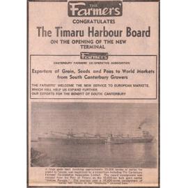 The Farmers' advertisement congratulating the Timaru Harbour Board on the opening of the new terminal
