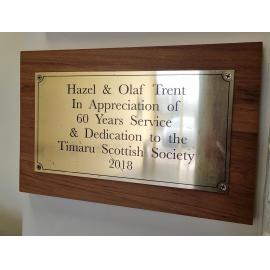 Hazel and Olaf Trent Scottish Society plaque