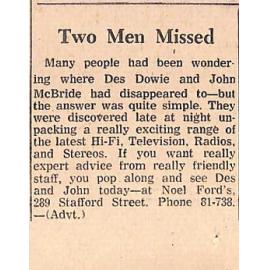 Two Men Missed- Noel Ford's, Timaru advertisement