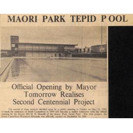 Maori Park Tepid Pool: Official Opening by Mayor Tomorrow Realises Second Centennial Project