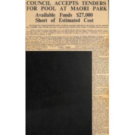Council Accepts Tenders For Pool At Maori Park, Available Funds $27,000 Short of Estimated Cost