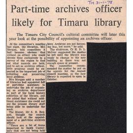 Part-time archives officer likely for Timaru library