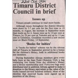 Timaru District Council in brief: Issues up / 'Books for babies'