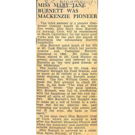 Miss Mary Jane Burnett Was Mackenzie Pioneer