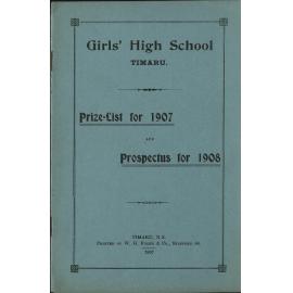 Timaru Girls High School Prize List for 1907 and Prospectus for 1908