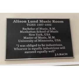 Alison Lund Music Room plaque TGHS