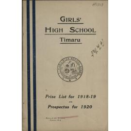 Timaru Girls High School Prize List for 1918/1919 and Prospectus for 1920
