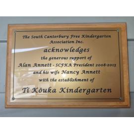 Tī Kōuka Kindergarten plaque