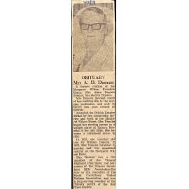 Obituary: Mrs A D Duncan