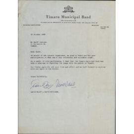 Timaru Municipal Band letter to Geoff Instone