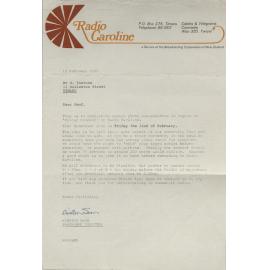 Radio Caroline letter to Geoff Instone